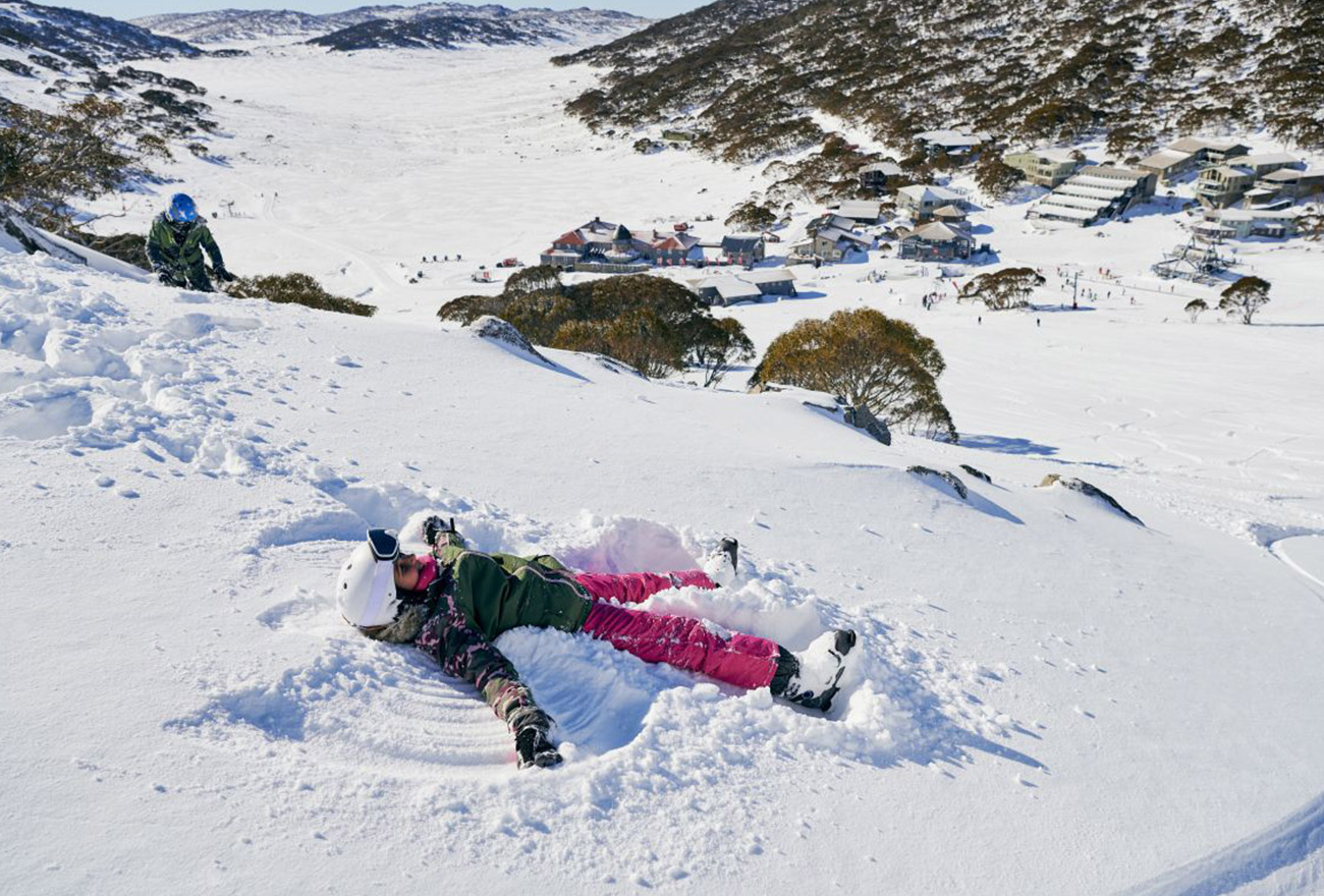 Skier lying down at Charlotte Pass, NSW